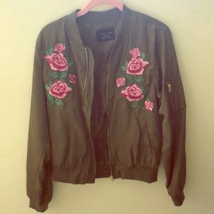 Green bomber jacket rose details like new